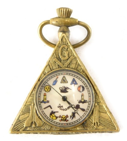 A Masonic brass cased pocket watch, shaped as a triangle, with Masonic symbols, 6cm high.