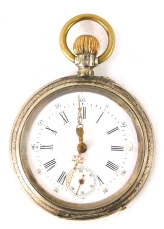 A continental pocket watch, with floral outer border and rubbed back with vacant cartouche, on a white metal Roman numeric dial with seconds counter, gilt hands and seconds dial with ten rubis movement, white metal stamped 800, numbered 51212, 79.8g all i