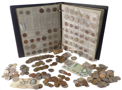 Collectors coins, comprising fifty pence pieces, collectors crowns, one pound notes, foreign coinage, etc. (1 tray)