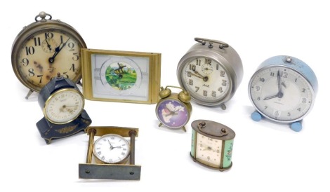 A quantity of alarm and other clocks, to include a Westclox Big Ben, a JAZ example, etc., a Swiza carriage clock with enamel style decoration, etc.