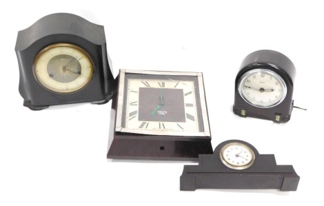 Three Smiths clocks, each in a Bakelite case, and another similar. WARNING! This lot contains untested or unsafe electrical items. It is supplied for scrap or re-conditioning only. TRADE ONLY