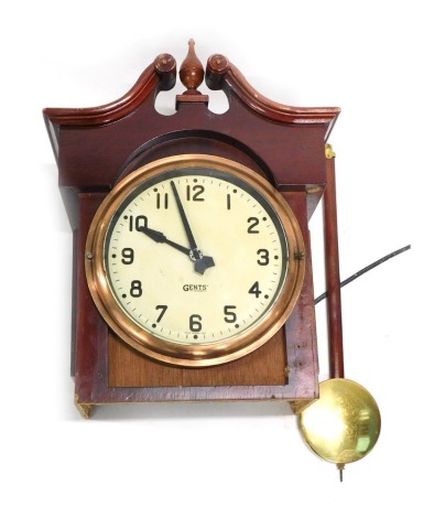 A mahogany wall clock, the associated movement stamped Gents' 11F Leicester, with copper bezel, 41cm high.