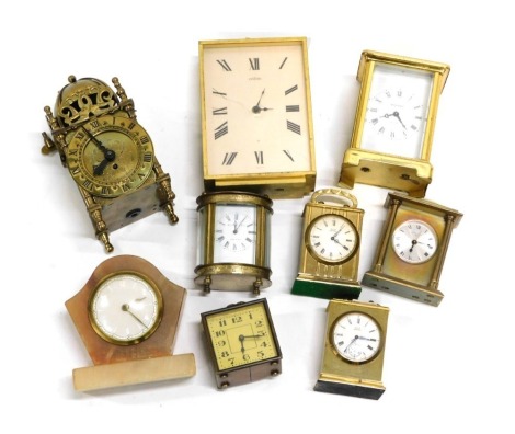 A quantity of mantel and carriage timepieces, makers to include Angelus Baynard, Astral, an oval carriage clock stamped Elliott and Sons, a Caravelle carriage clock engraved Christian Dior, etc. (9)