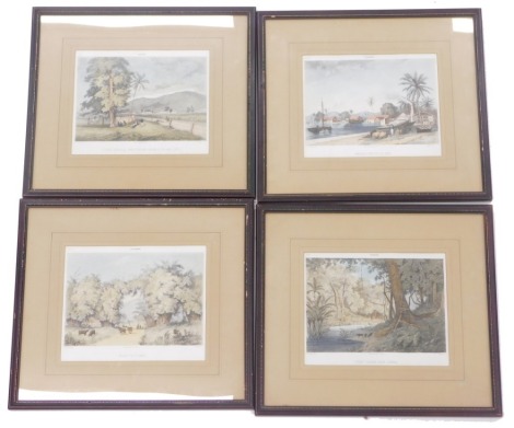 A set of four Trinidad coloured etchings, comprising Forest Scenery near Tamana, Road to St Ann's, St James' Barracks, From The Play Cround and Corbeaux Town Port of Spain, 21cm x 26cm, framed and glazed. (4)