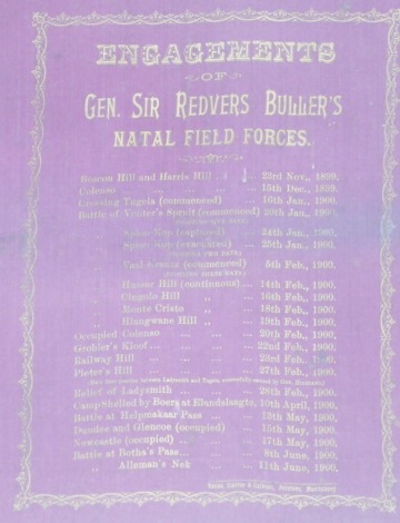 A printed handkerchief or banner, detailing the engagement of General Sir Redvers Buller's Natal Field Forces with battle honours from 1899-1900, 46cm x 42cm.