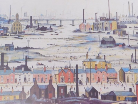 After LS Lowry. Industrial landscape, coloured print, 42cm x 60cm.