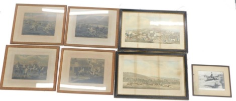 After Henry Alken. Epsom Races, 19thC lithographs, a pair, a set of four further prints after Alken titled The First Steeple Chase on Record, and a photograph of a sporting print.