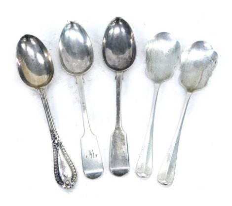 A collection of five various 19thC silver table spoons, various designs, dates, etc., 12.6oz.