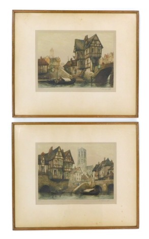 After C Fitzgerald. Town scenes with timber framed buildings, indistinctly titled, artist signed coloured etching, a pair, 24cm x 32cm.