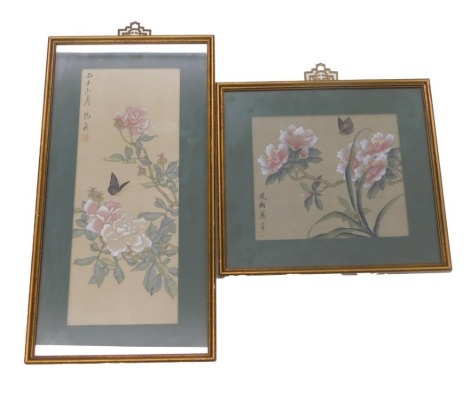 Two similar Oriental pained silk pictures of flowers, signed, in contemporary gilt frames.