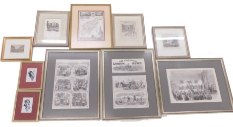 Various pictures and prints, to include illustrated London News, map of Northamptonshire, topographical views, etc.