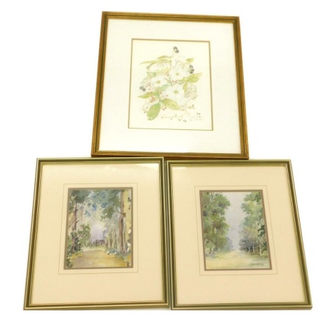 Jean Slaney. Rural scene with trees, watercolour, a pair, 23cm x 18cm, and a floral still life, signed Pippa Watt. (3)