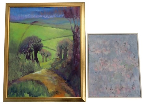 Valerie Maclean. Apple blossom, mixed media, 51cm x 40cm, and an oil painting of trees within an extensive landscape. (2)