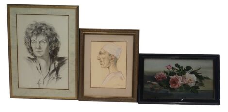 20thC School. Profile portrait of an Arab gentleman, pastel and crayon, 31cm x 22cm, watercolour of roses signed AJ Steerman, and a pastel portrait, indistinct signature.