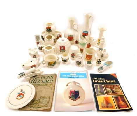 A quantity of crested china, to include a large Goss model of a lobster trap, crest for Isle of White, a Windermere and Westmorland Goss jug, a Goss Pompeiian ewer for Bowness and Westmorland, a Goss model of a Maltese fire grate, etc.