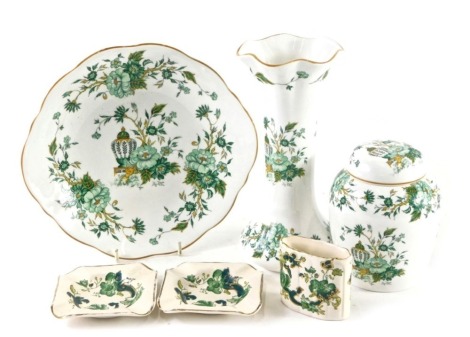 A small Crown Staffordshire Kowloon pattern ginger jar and cover, a plate, a vase, two Masons Chartreuse ashtrays, and a small oval vase.