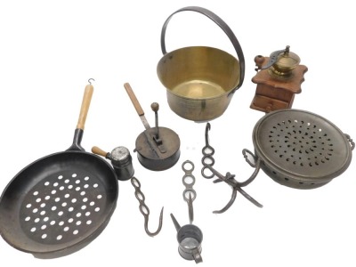 A quantity of kitchenalia, to include coffee grinder, further kitchen grinder, hooks, jam pan, pans with grills, etc.