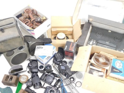 A quantity of camera and hi-fi equipment, to include Sansui speakers, reel to reel tapes, Yashika and other cameras, a Siemens reel to reel tape player, etc.