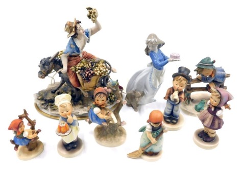 A quantity of Goebel Hummel figures, a Capodimonte figure of a gentleman with a donkey, etc. (some pieces AF)