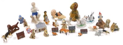 A collection of ceramic figures, etc, to include a German Shafer & Vader novelty spill or tooth pick holder, entitled 'Its all up now', Wade cottages, figures, crested sheep, Hungarian rabbit figures, etc. (a quantity)