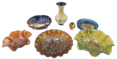 A collection of glass, etc, to include three carnival glass bowls, a Royal Brierley vase, art glass bowl, etc. (a quantity)