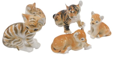 A collection of USSR Russian porcelain figures, to include kitten, leopard cub, lion cub, tiger cub, etc. (5)