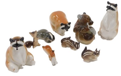 A collection of Russian porcelain animals, to include raccoons, bear, badger, chipmunks, etc. (a quantity)