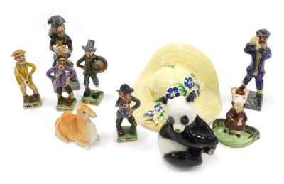 Ceramics, to include a Russian panda, Beswick figure of Kitty McBride, Devon studio pottery figures, and a bonnet or hat shaped wall pocket. (a quantity)