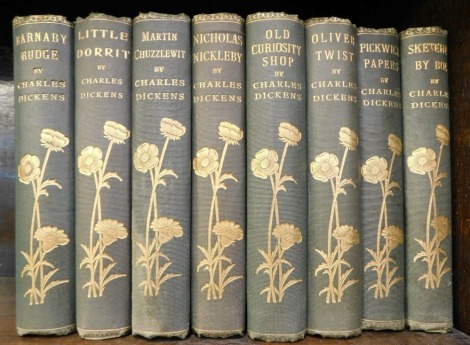 Dickens (Charles.) Six volumes, to include Barnaby Rudge, Little Dorrit, Martin Chuzzlewit, Nicholas Nickleby, Old Curiosity Shop, Oliver Twist, Pickwick Papers, and Sketches by Boz, each in green and gilt bindings, printed by Walter Scott Limited of Lond