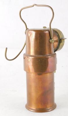 A brass and copper railway inspection lamp, bearing crest C E A G Limited of Barnsley York, B.E.3. inspection lamp, with swing handle, 16cm high. - 2