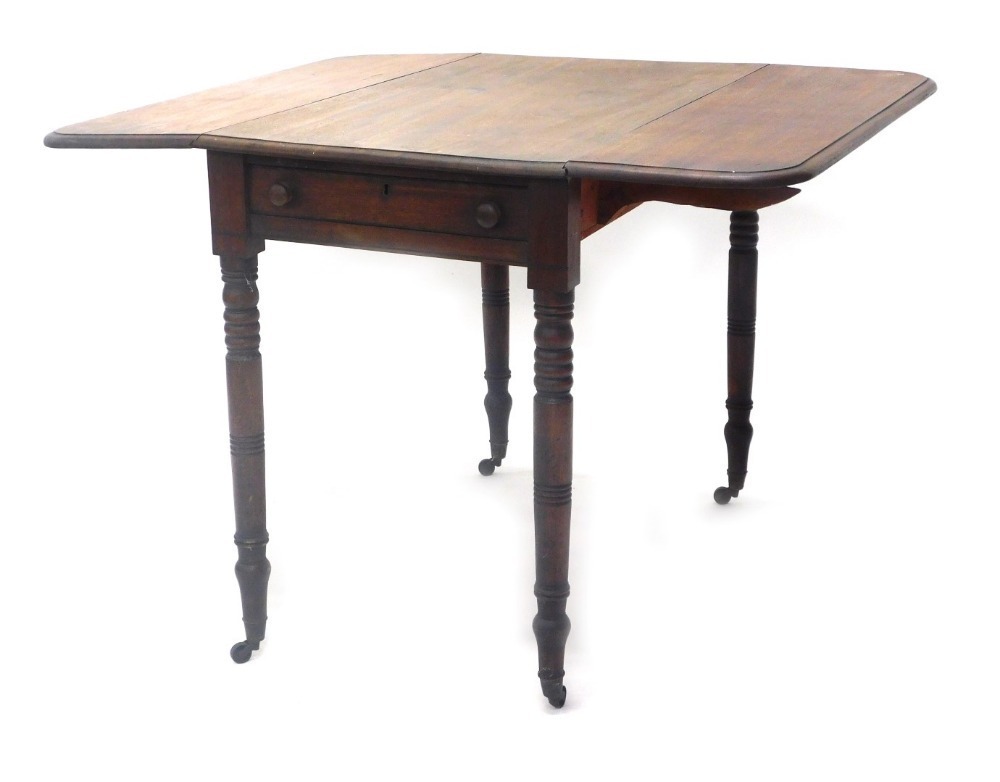 A 19thC mahogany Pembroke table, the rectangular top on turned legs