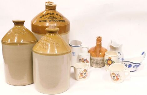 Three stoneware flagons, for Hooper and Co High Wycombe, Talbot and Co of Ipswich and Ansell's Brewery Limited Aston Brewery Birmingham, together with a small flagon, commemorative beaker, etc.