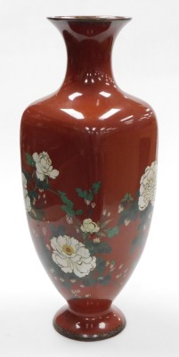 A Japanese Meiji period silver wire cloisonne vase, of shouldered square tapering form, decorated with birds and peonies on a red ground, 61.5cm high. - 3