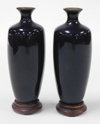 A pair of Japanese Meiji period silver wire cloisonne vases, on stands, of shouldered tapering form, decorated with birds on a dark blue ground, 15cm high. - 3