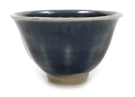 A 15thC Hoi An shipwreck cobalt blue glaze pottery wine cup, bears label, with certificate, 6.5cm wide.