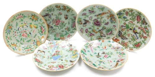 Six 19thC celadon and famille rose porcelain plates, decorated with birds, butterflies, and flowers, 19cm wide.