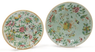 Four 19thC Chinese celadon and famille rose porcelain plates, decorated with birds, butterflies, and flowers, 19.5cm wide, a further plate, 21cm wide, and a smaller plate, 18.5cm wide. (6) - 2
