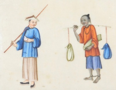 Four 19thC Chinese watercolours on pith paper, three depicting figures about to be executed, or tortured, the other with artisans, 14.5cm x 19.5cm. - 2