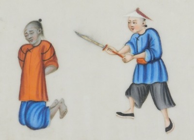 Four 19thC Chinese watercolours on pith paper, three depicting figures about to be executed, or tortured, the other with artisans, 14.5cm x 19.5cm. - 5