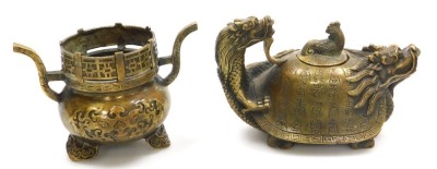 A group of Chinese brassware, including a pair of lion dog candlesticks, a dragon teapot, a four faces of Buddha bust paperweight, and figures of deities, together with a Tibetan figure of a seated Buddha, etc. (a quantity) - 12