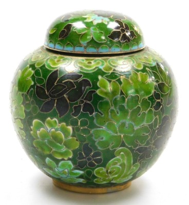 A pair of Chinese green cloisonne enamel vases, decorated with flowers, 21cm high, and a similar ginger jar and cover, 9.5cm high. (3) - 9