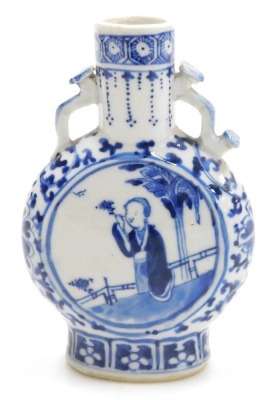 A Qing dynasty blue and white porcelain moon flask, decorated centrally with figures in a garden within a floral ground, Qianlong four character mark, 15cm high.