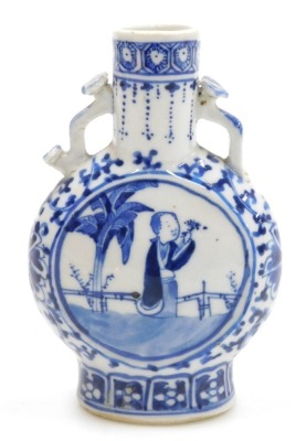 A Qing dynasty blue and white porcelain moon flask, decorated centrally with figures in a garden within a floral ground, Qianlong four character mark, 15cm high. - 3