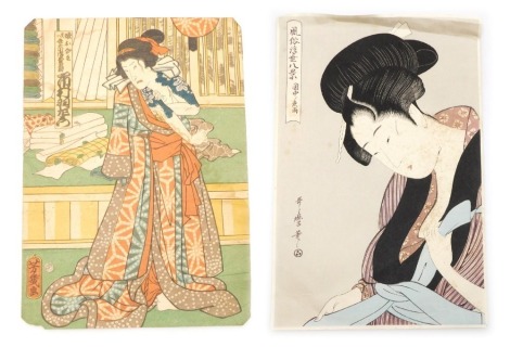 After Ochiai Yoshiiku. The actor Ichimura Uzaemon as Beten Kozo, woodblock print, 36.5cm x 23cm, and a further print of a lady, manner of Kitagawa Utamaro, print, 39cm x 25.5cm. (2)