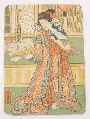 After Ochiai Yoshiiku. The actor Ichimura Uzaemon as Beten Kozo, woodblock print, 36.5cm x 23cm, and a further print of a lady, manner of Kitagawa Utamaro, print, 39cm x 25.5cm. (2) - 2