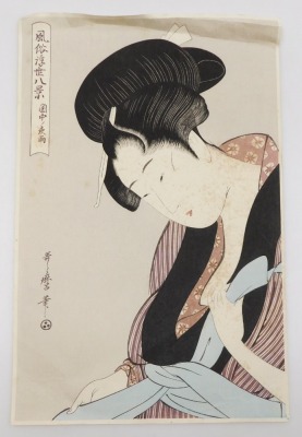 After Ochiai Yoshiiku. The actor Ichimura Uzaemon as Beten Kozo, woodblock print, 36.5cm x 23cm, and a further print of a lady, manner of Kitagawa Utamaro, print, 39cm x 25.5cm. (2) - 5