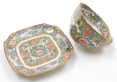 A 20thC Cantonese famille rose porcelain tea service, decorated with birds, butterflies and flowers, printed red China mark, comprising; teapot, sucrier, cream jug, sugar or slop bowl, pair of bread plates, eleven tea cups, nine saucers, and twelve tea pl - 6