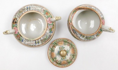 A 20thC Cantonese famille rose porcelain tea service, decorated with birds, butterflies and flowers, printed red China mark, comprising; teapot, sucrier, cream jug, sugar or slop bowl, pair of bread plates, eleven tea cups, nine saucers, and twelve tea pl - 9