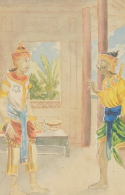 Cambodian School. Prince Ruang of Loburi, afterwards Ruang I of Sukhotai and The Cambodian Tribute Collector, watercolour, 21cm x 14.5cm, together with a further painting of figures in a village setting, watercolour, monogrammed ALI, 24.5cm x 15.5cm. (2) - 4