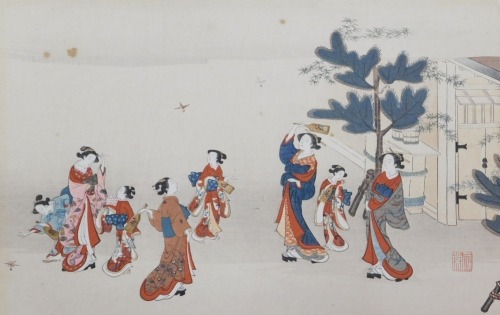 A Meiji period Japanese wood block print, showing ladies and girls dancing in a garden, bears seal mark, 18.5cm x 29.5cm.